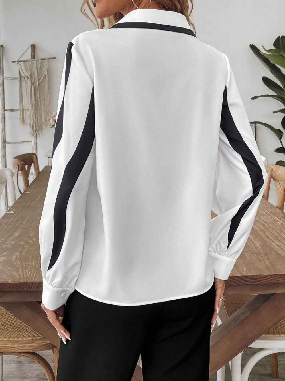 Black And White Casual Women's Color Contrast Print Shirt - Picture 2 of 5